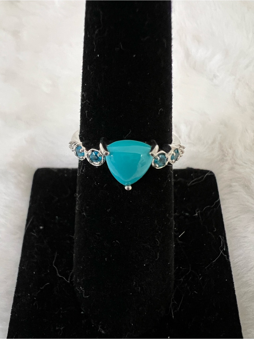 Silver Ring with Turquoise Triangle Stone and Blue Accent Gems